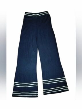 Women's Navy Wide-Leg Knit Joggers with White Stripe Trim